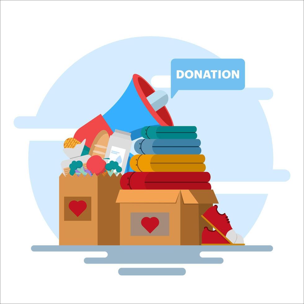 concept of online donation or charity participation, donation and volunteering. donated items in boxes. Human community, charity, aid, Volunteers donating goods or food. flat illustration. vector