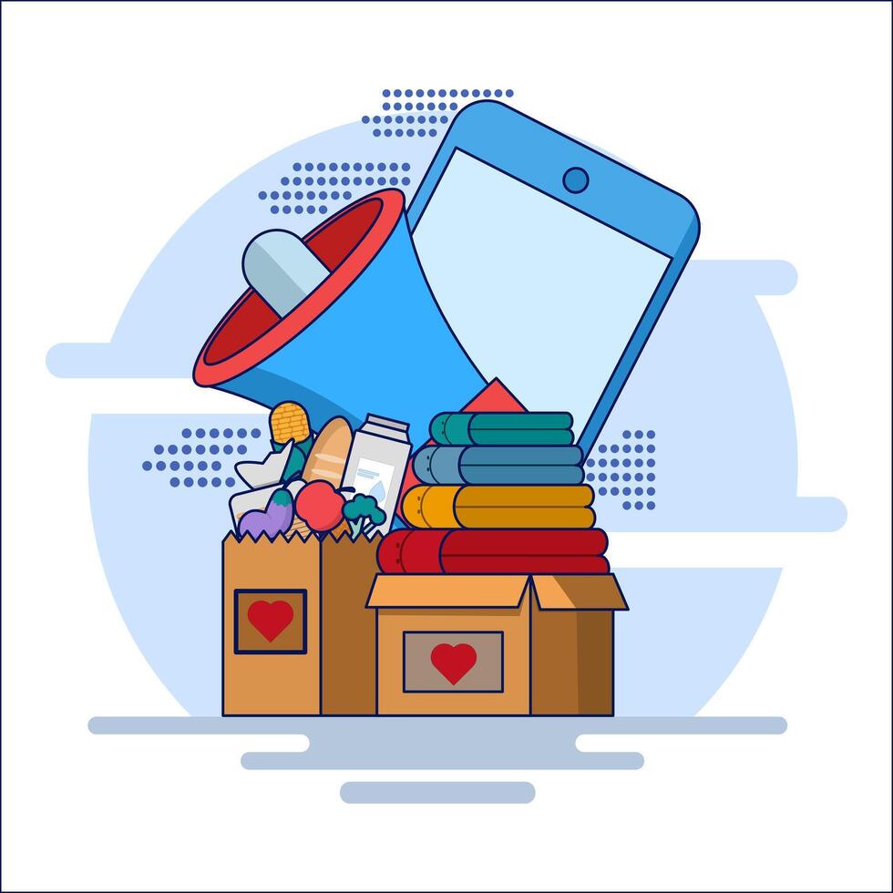 concept of online donation or charity participation, donation and volunteering. donated items in boxes. Human community, charity, aid, Volunteers donating goods or food. flat illustration. vector