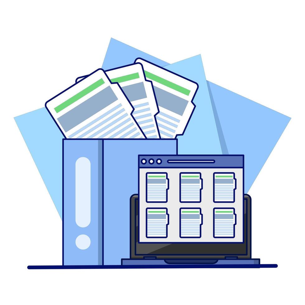 Folders with documents, file management administration, data archiving, electronic document management. Digital data files, storage systems, computer archives, information databases. flat . vector