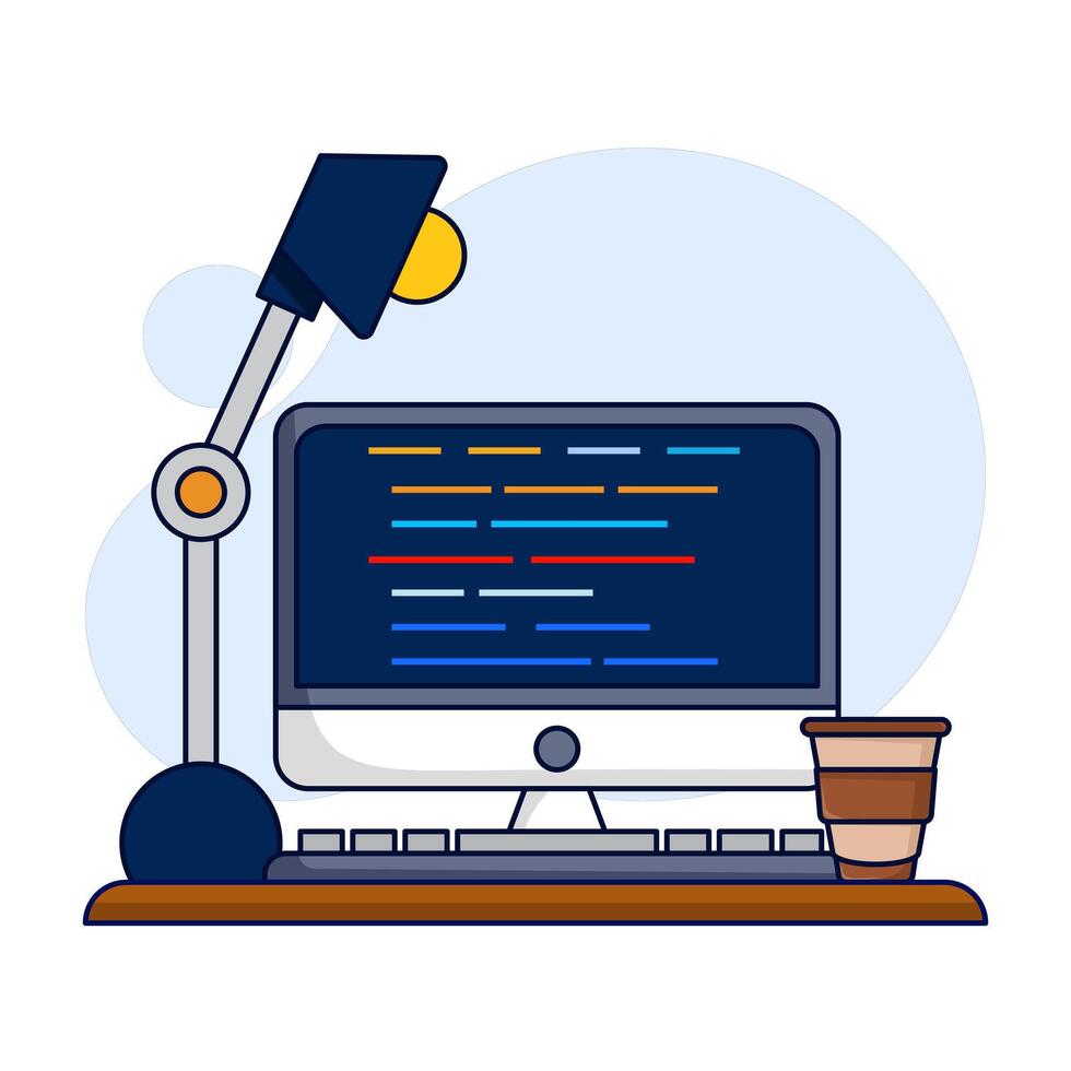 Professional Programmer Workbench Setup Concept with Open Project on Monitor. Simple Table with Lots of Displays, Lamps, and Coffee Drinks. for Banners, Templates, etc. Flat Illustration. vector