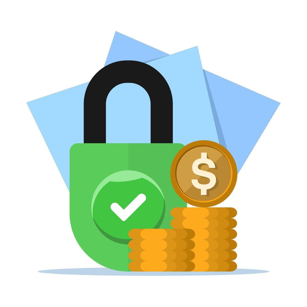 protect money safely concept, money account locked or blocked via padlock key access icon flat illustration, financial symbol closed or withheld, safe cash protection idea. illustration. vector