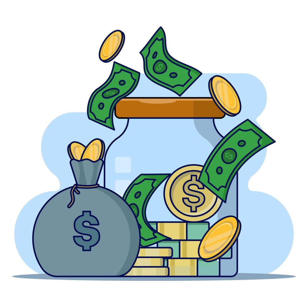 Money Saving Concept. Money and Gold Coins in a Jar or money sack. Put the gold coins in a jar labeled savings. Creative idea of saving money, financial, wealth, or rich. flat illustration. vector