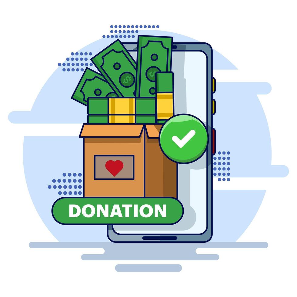 concept of online donation or charity participation, donation and volunteering. donated items in boxes. Human community, charity, aid, Volunteers donating goods or food. flat illustration. vector