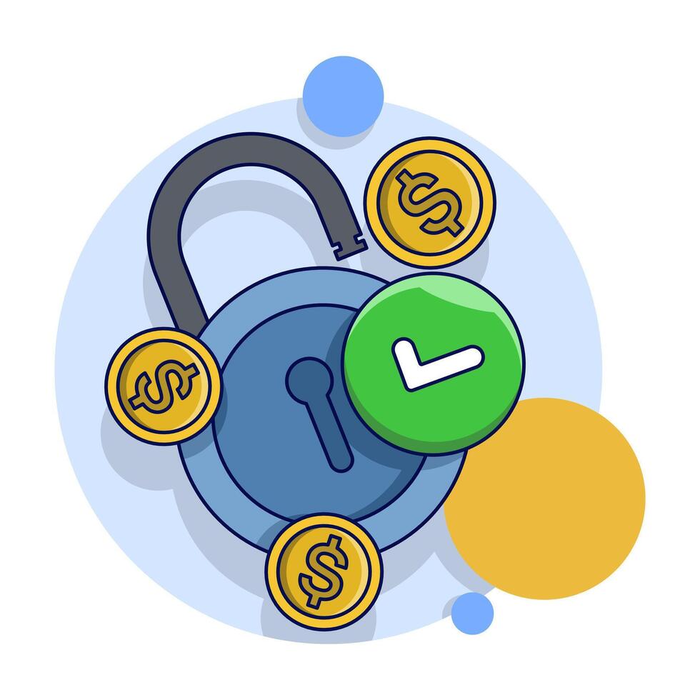 protect money safely concept, money account locked or blocked via padlock key access icon flat illustration, financial symbol closed or withheld, safe cash protection idea. illustration. vector