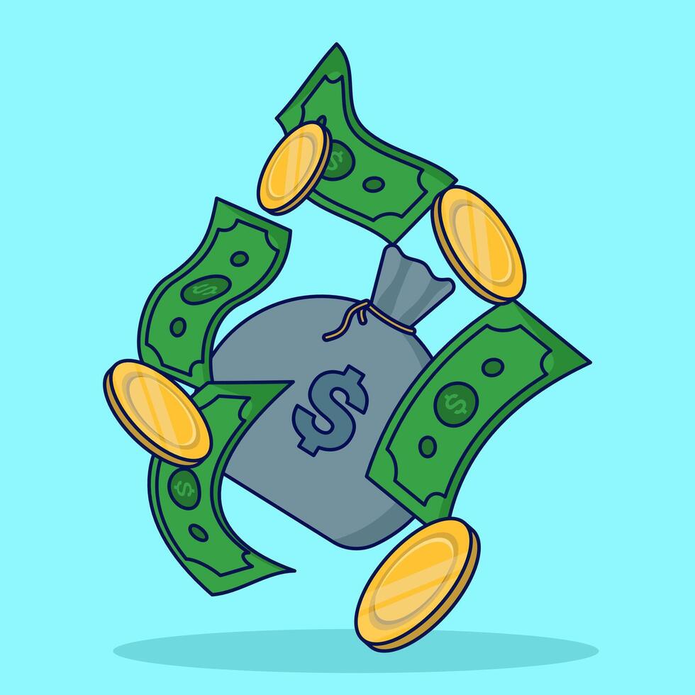 Money Saving Concept. Money and Gold Coins in a Jar or money sack. Put the gold coins in a jar labeled savings. Creative idea of saving money, financial, wealth, or rich. flat illustration. vector