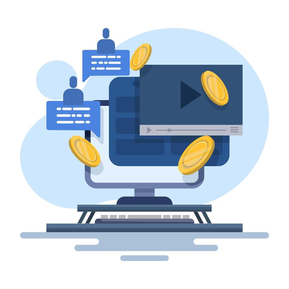 Concept create blog idea vlog make money, income monetize online icon illustration, social monetization chat digital marketing graphic design, internet web electronic media cash on laptop computer. vector
