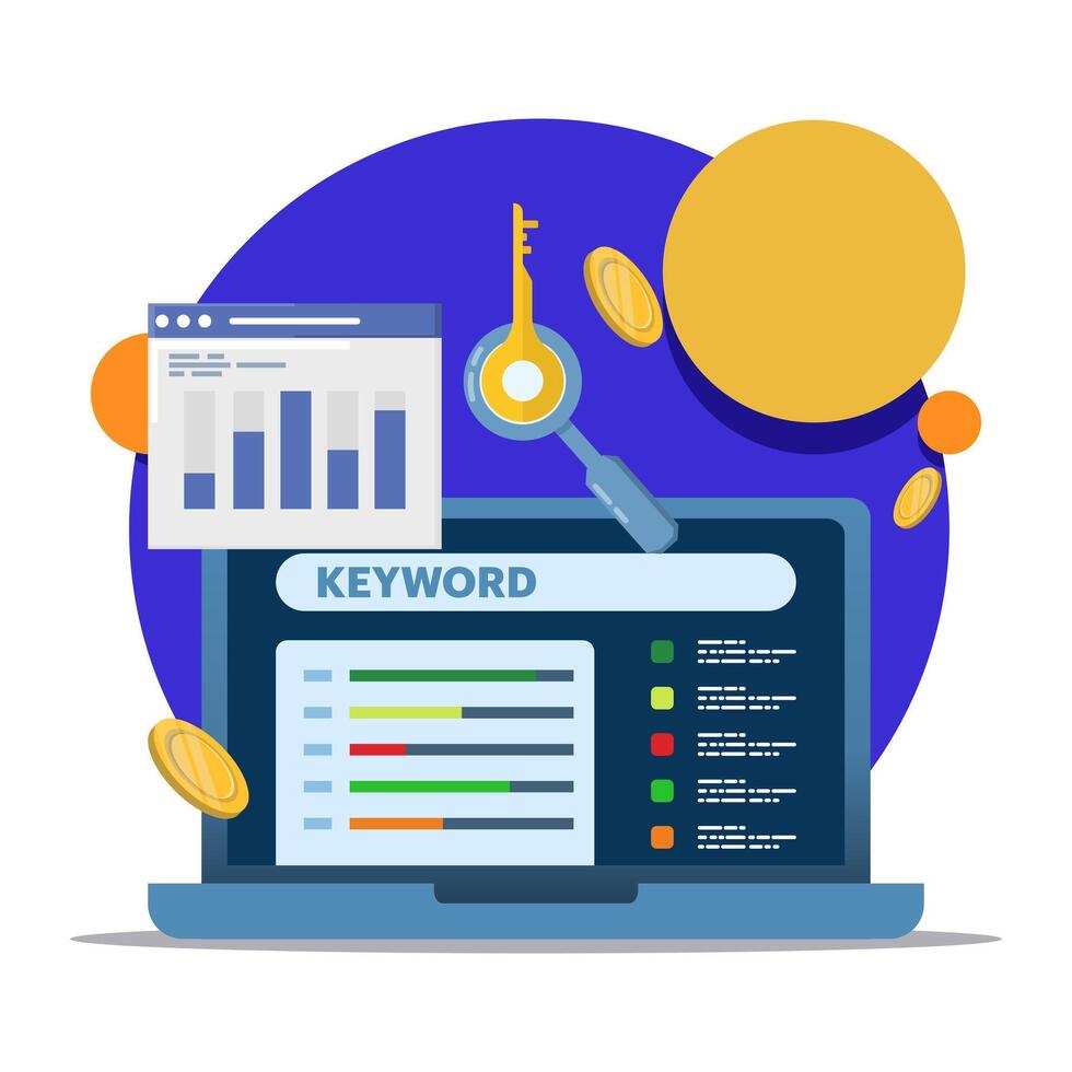 Keyword Research Tool concept, keyword analysis report, keyword analysis report, SEO keywords dominating search engine results, SEO keyword costs for digital advertising or pay per click campaigns. vector