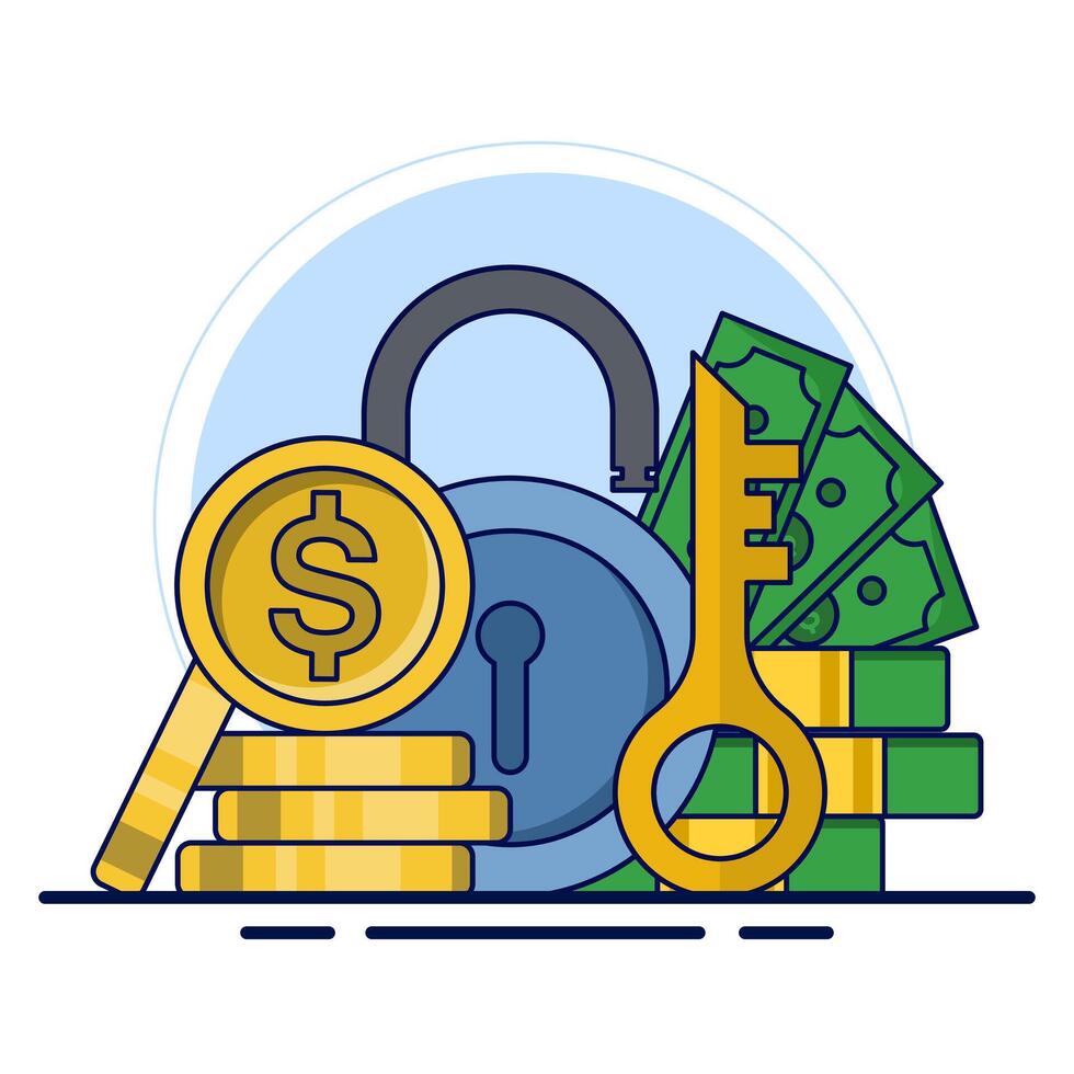 protect money safely concept, money account locked or blocked via padlock key access icon flat illustration, financial symbol closed or withheld, safe cash protection idea. illustration. vector