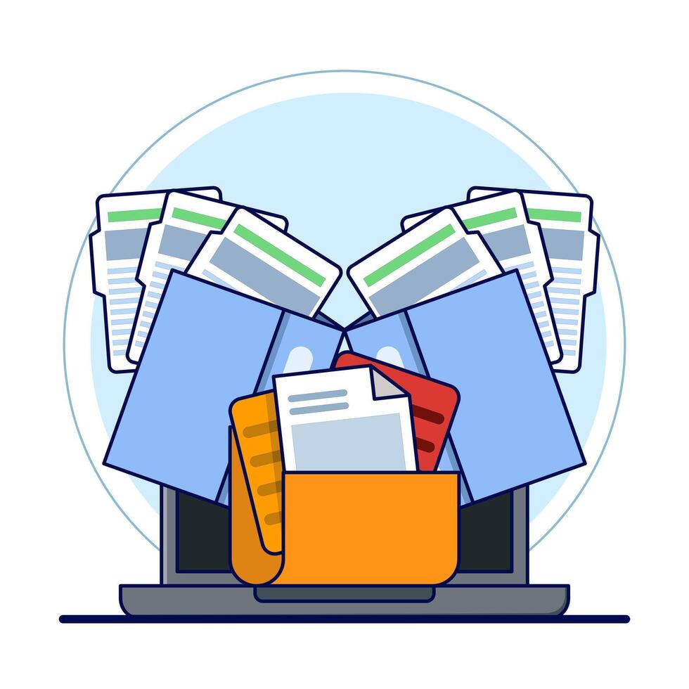 Folders with documents, file management administration, data archiving, electronic document management. Digital data files, storage systems, computer archives, information databases. flat . vector