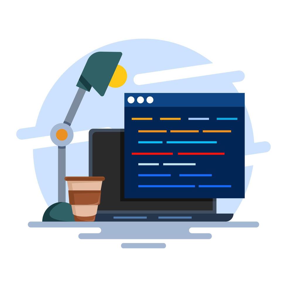 Professional Programmer Workbench Setup Concept with Open Project on Monitor. Simple Table with Lots of Displays, Lamps, and Coffee Drinks. for Banners, Templates, etc. Flat Illustration. vector