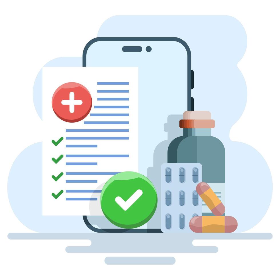 Concept of online registration of medical prescription form with health result data and approved check mark on mobile phone, healthcare checklist document on modern smart phone, illustration. vector