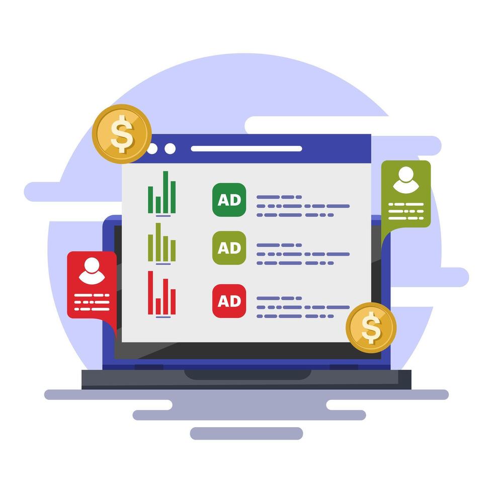 Search engine advertising campaign concept, search engine marketing advertising analysis, paid campaign sending traffic to a website, Advertising, Marketing or Promotion, icon illustration. vector