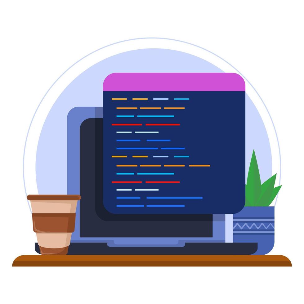 Professional Programmer Workbench Setup Concept with Open Project on Monitor. Simple Table with Lots of Displays, Lamps, and Coffee Drinks. for Banners, Templates, etc. Flat Illustration. vector