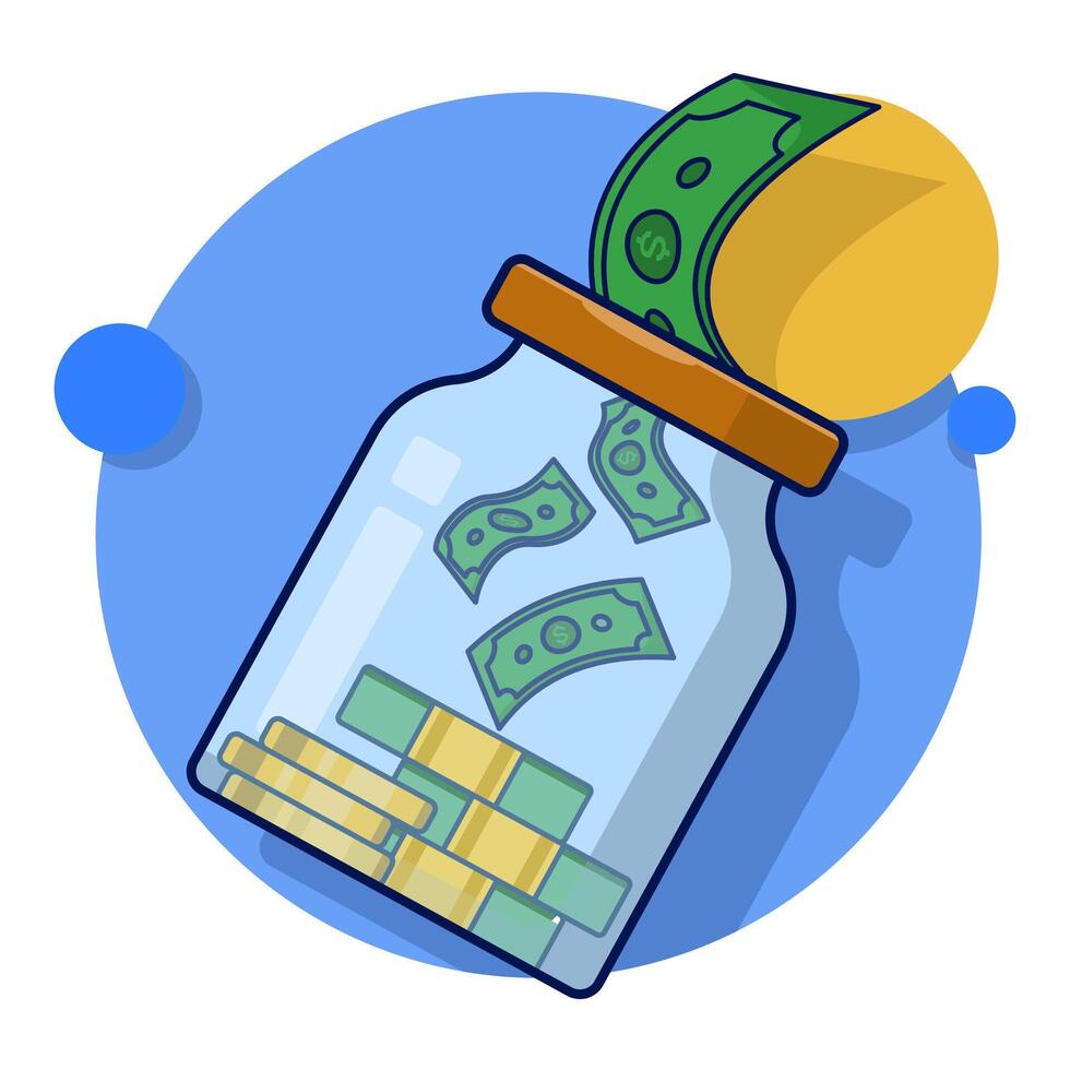 Money Saving Concept. Money and Gold Coins in a Jar or money sack. Put the gold coins in a jar labeled savings. Creative idea of saving money, financial, wealth, or rich. flat illustration. vector