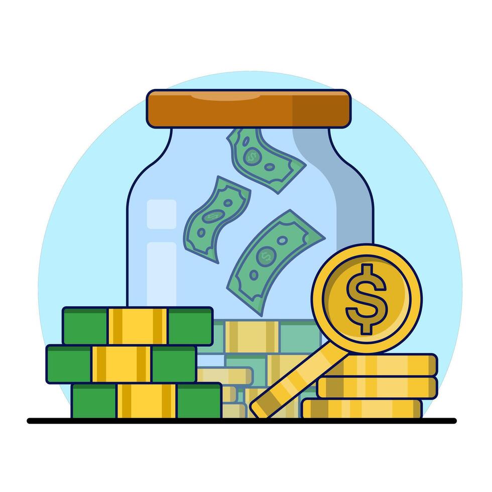 Money Saving Concept. Money and Gold Coins in a Jar or money sack. Put the gold coins in a jar labeled savings. Creative idea of saving money, financial, wealth, or rich. flat illustration. vector