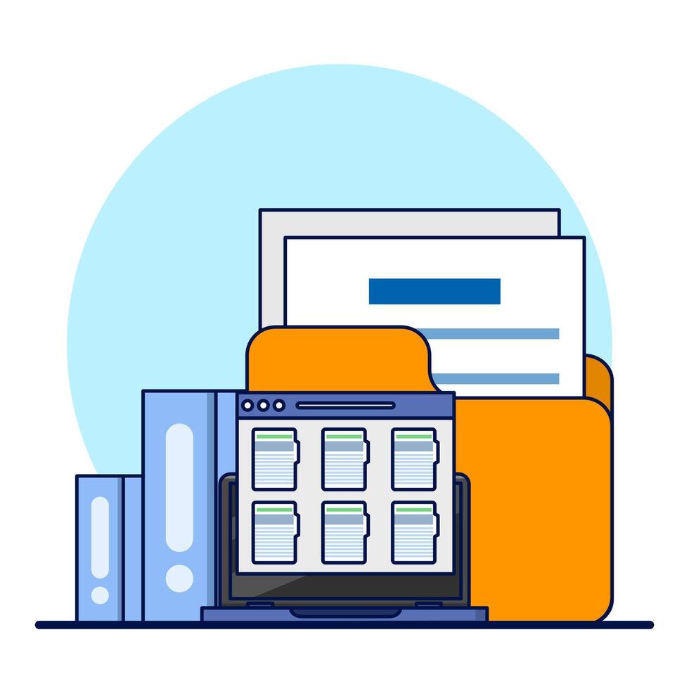 Folders with documents, file management administration, data archiving, electronic document management. Digital data files, storage systems, computer archives, information databases. flat . vector