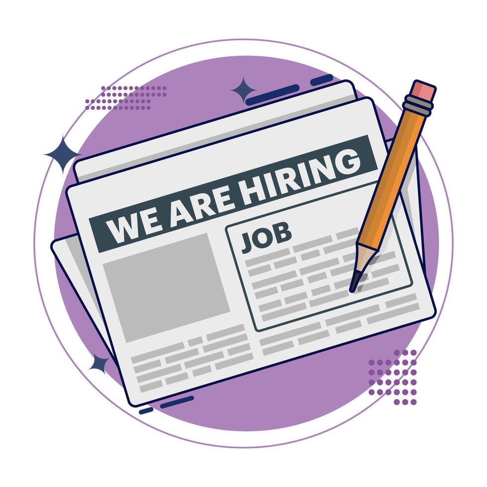 Job Search Concept. career opportunities, recruitment, human resources, Job Advertisement Marked with Pencil in Newspaper. job interview, online job advertisement, vacancy, search. vector