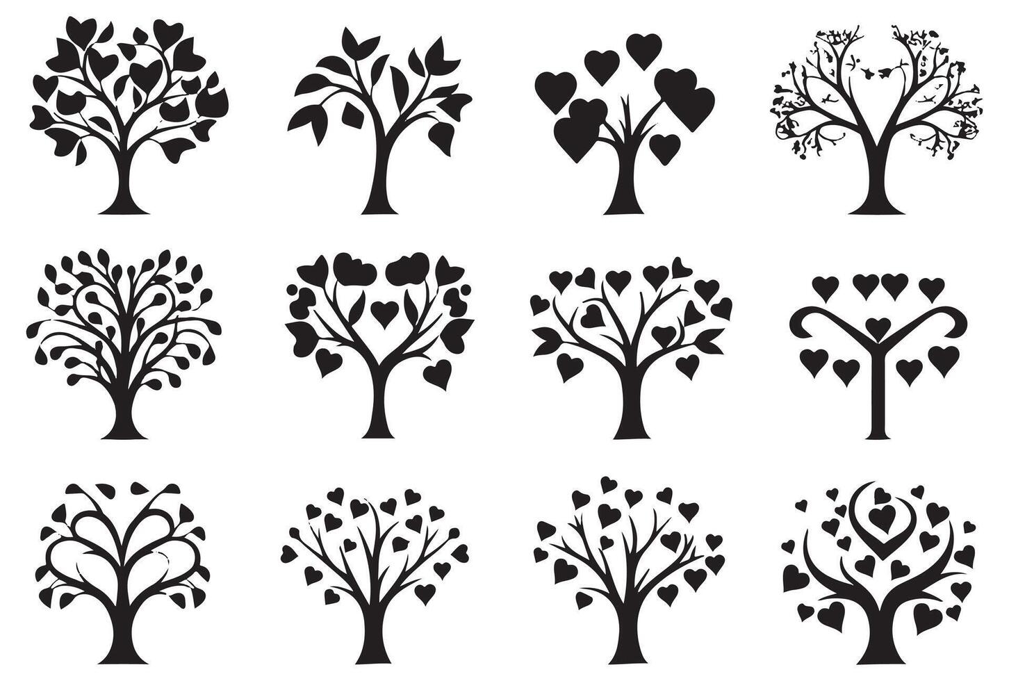 set of black silhouette love tree vector