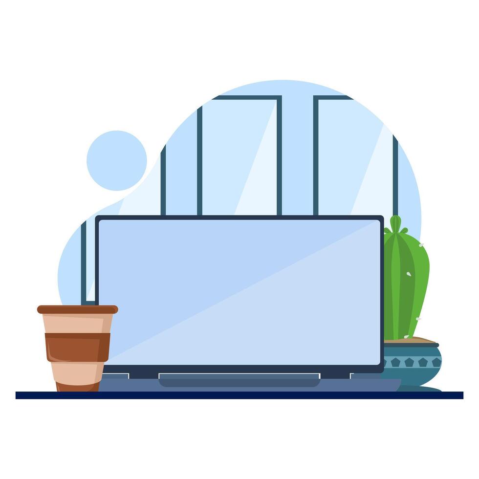 Laptop concept with coffee cup and potted plant illustration. work set with laptop and coffee. the arrangement is neat and comfortable. works with llaptop and coffee. flat illustration. vector