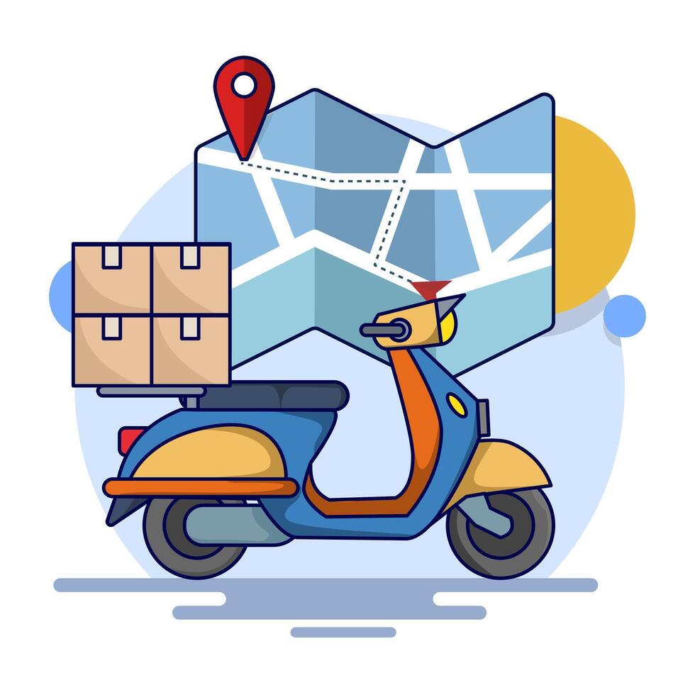 Delivery Concept. Scooter with Box or package and Location Mark. Package delivery. Box. E-commerce template, fast delivery service, package delivery. flat illustration on background. vector