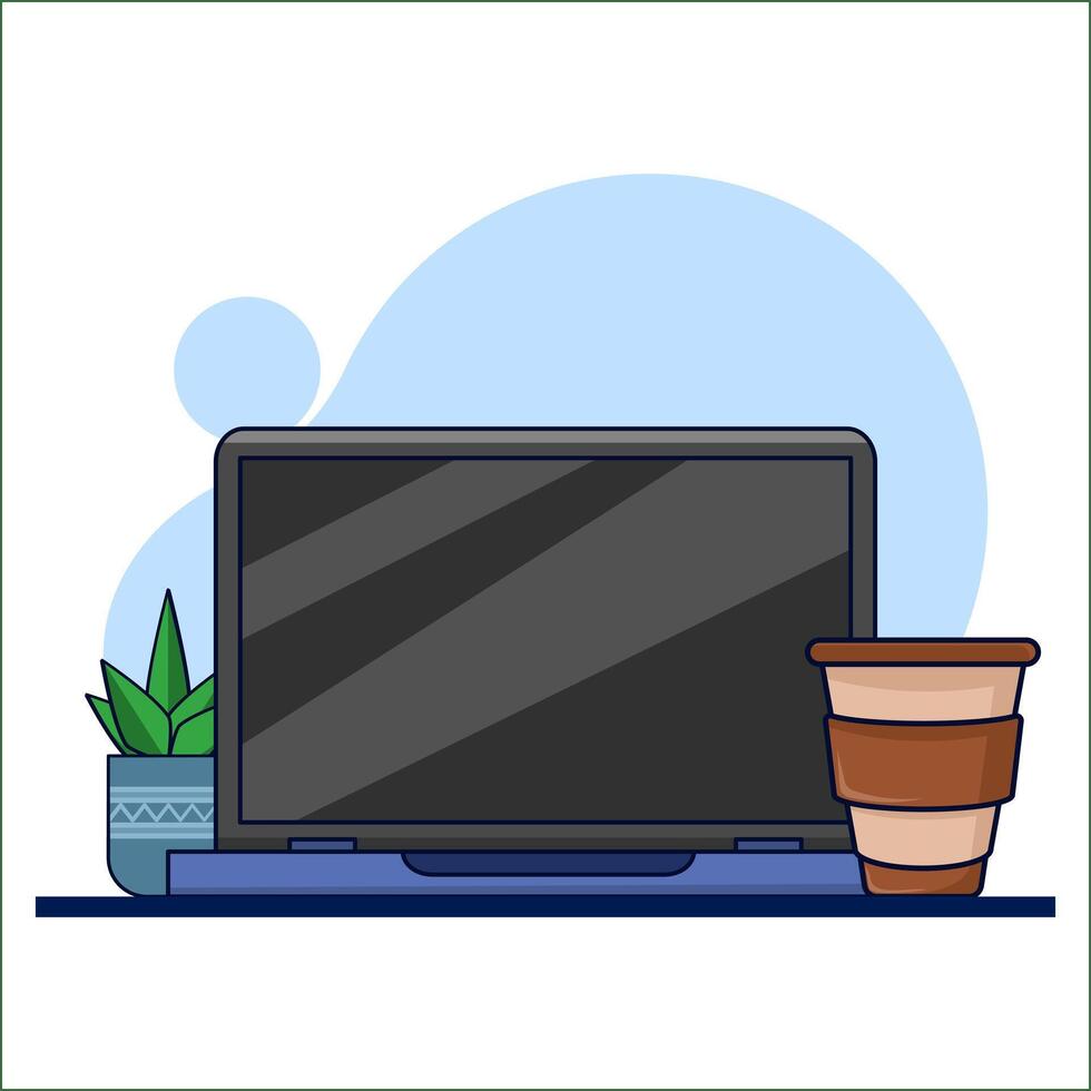 Laptop concept with coffee cup and potted plant illustration. work set with laptop and coffee. the arrangement is neat and comfortable. works with llaptop and coffee. flat illustration. vector