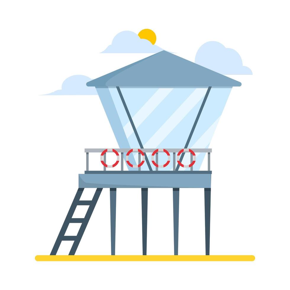 Coast guard tower building concept. living space construction. Station beach building. The beach security building is useful for monitoring visitors on the beach. flat illustration. vector