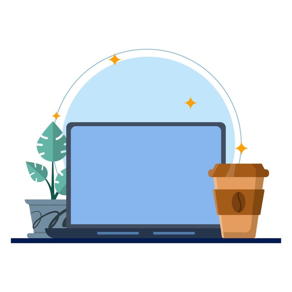 Laptop concept with coffee cup and potted plant illustration. work set with laptop and coffee. the arrangement is neat and comfortable. works with llaptop and coffee. flat illustration. vector
