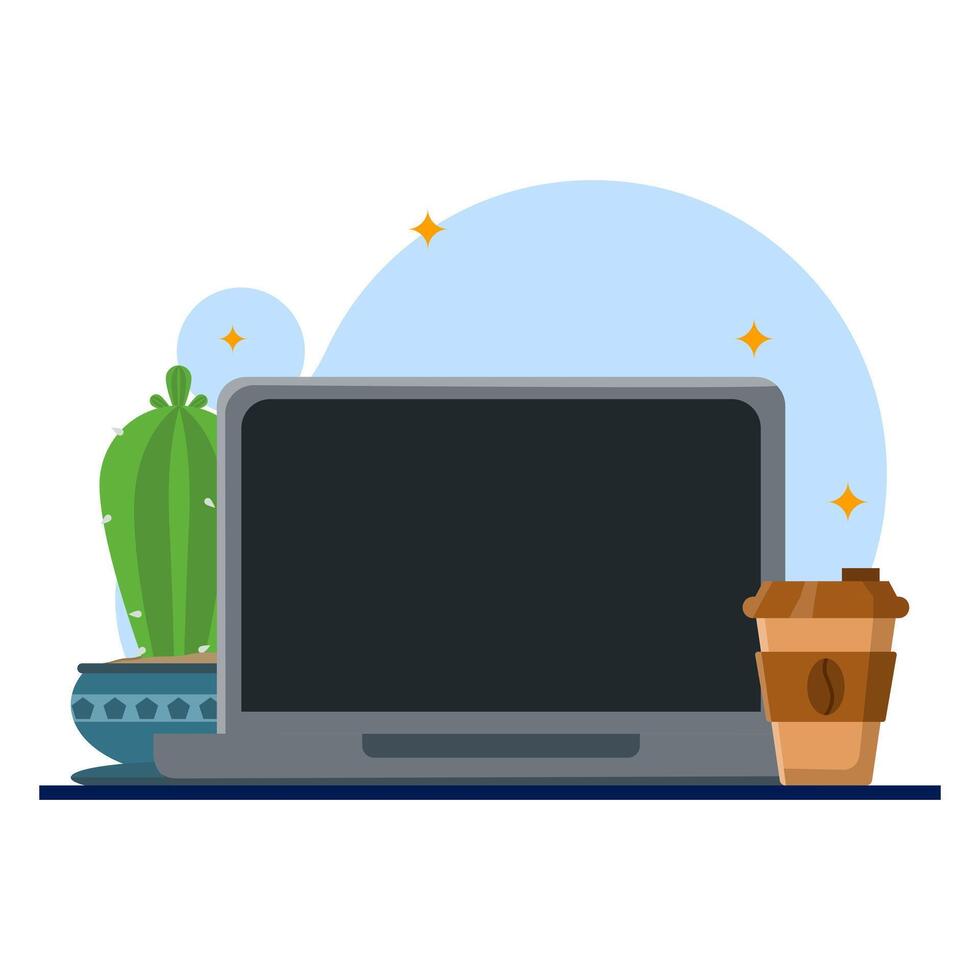 Laptop concept with coffee cup and potted plant illustration. work set with laptop and coffee. the arrangement is neat and comfortable. works with llaptop and coffee. flat illustration. vector
