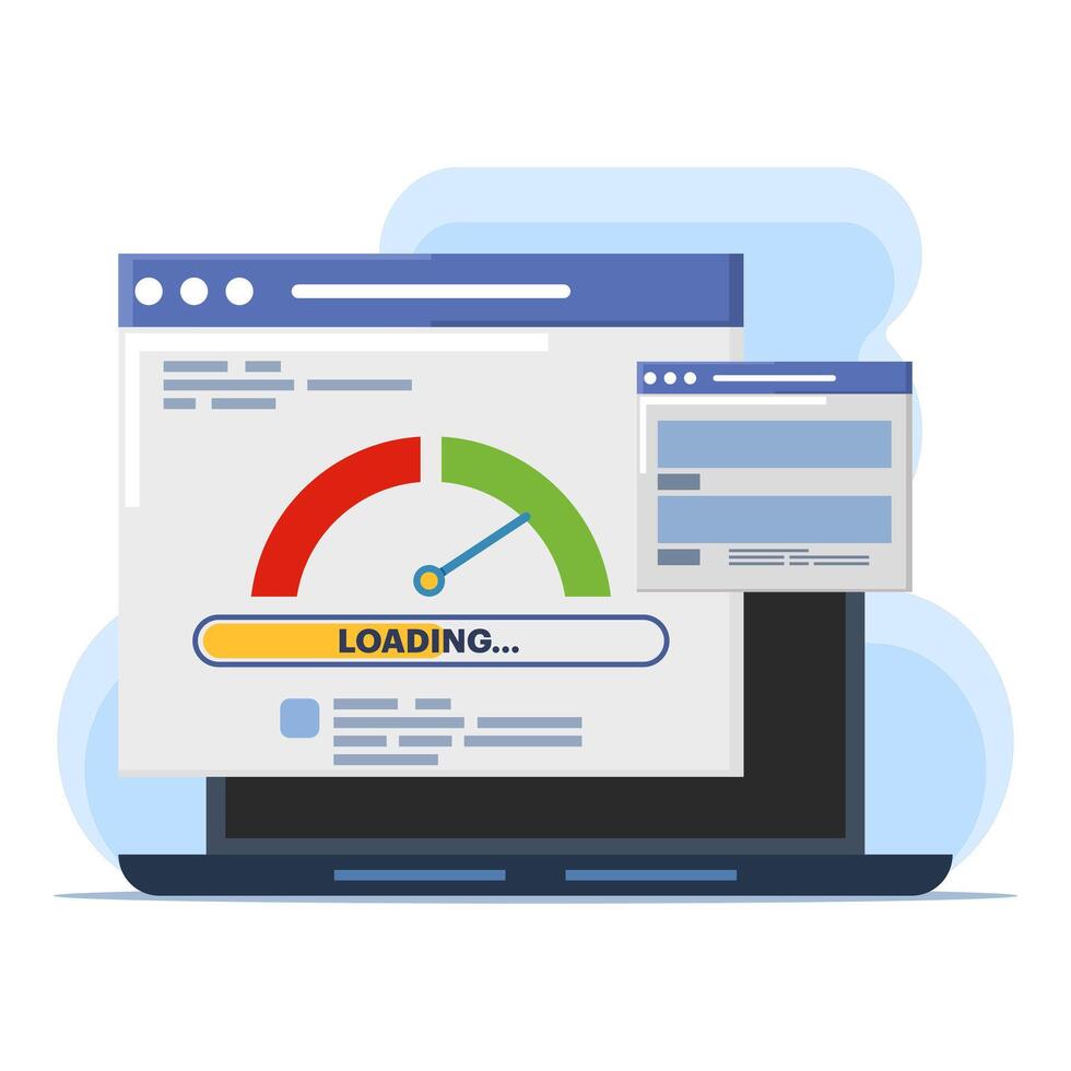 pc load time speedometer software tool concept for download score. Website internet page loading speed or seo optimization laptop computer website performance test check flat icon. vector