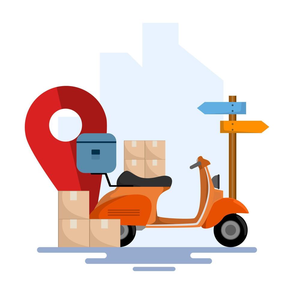 Delivery Concept. Scooter with Box or package and Location Mark. Package delivery. Box. E-commerce template, fast delivery service, package delivery. flat illustration on background. vector