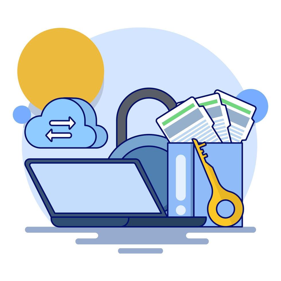 Cloud security system concept, Cloud server security, Data protection technology, Document security, Cloud data password protection. illustration with icons. flat illustration. vector
