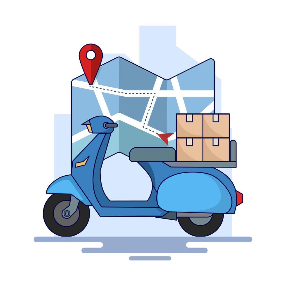 Delivery Concept. Scooter with Box or package and Location Mark. Package delivery. Box. E-commerce template, fast delivery service, package delivery. flat illustration on background. vector