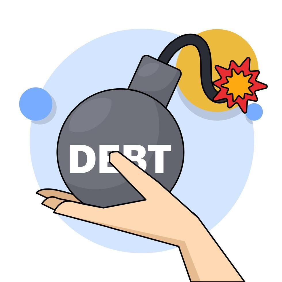 Debt concept. The exploding fireball of debt is like a financial time bomb. financial obligations or loan payments, heavy burden due to failure of money, mortgage or borrowed money. flat . vector