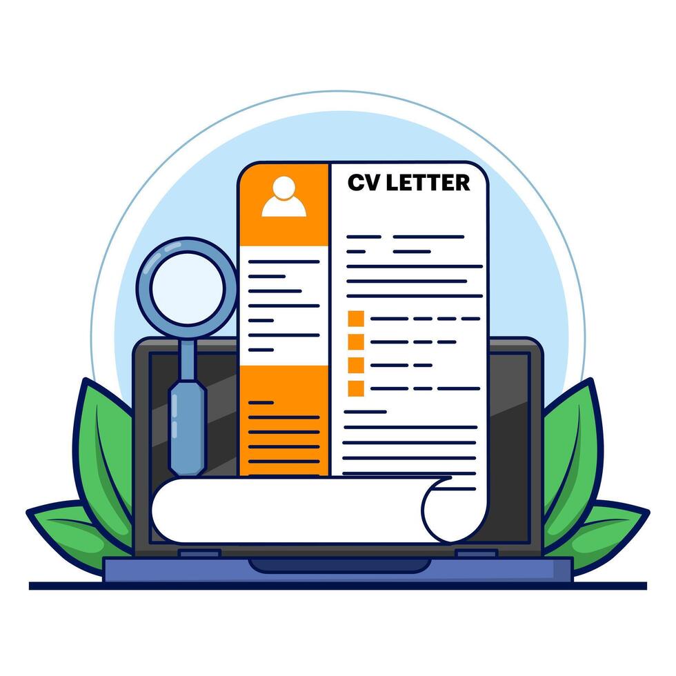 Job Recruitment Concept, Cv on Clipboard with Magnifying Glass. Corporate jobs, looking for qualified candidates. magnifying glass CV data on clipboard, selecting recruitment for interview. vector