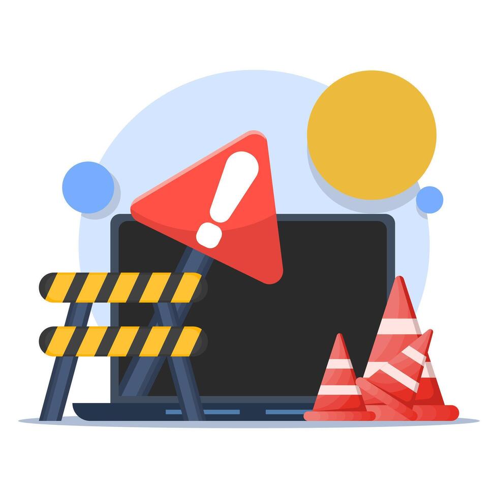 Website Under Maintenance Concept. Laptop with Repair Tools and Warning Sign. Software System Under Maintenance. Website Errors, Web Page Development and Application Updates. vector