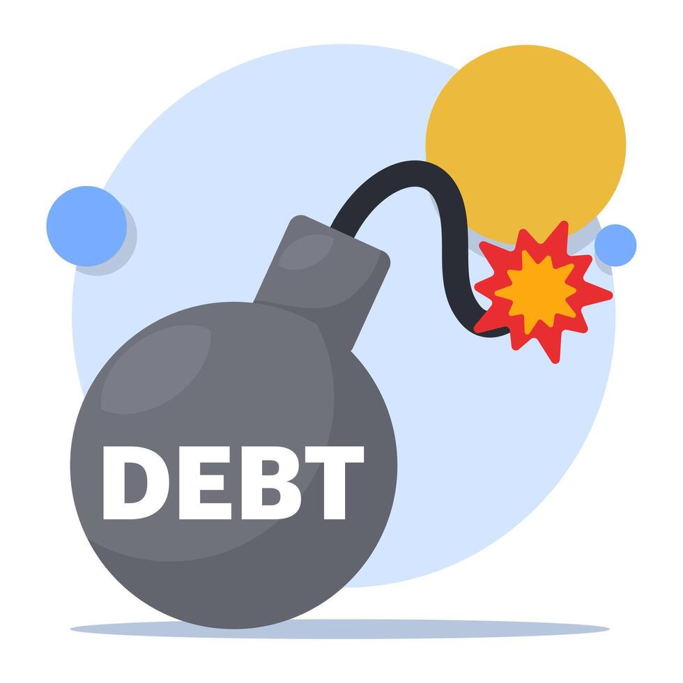 Debt concept. The exploding fireball of debt is like a financial time bomb. financial obligations or loan payments, heavy burden due to failure of money, mortgage or borrowed money. flat . vector