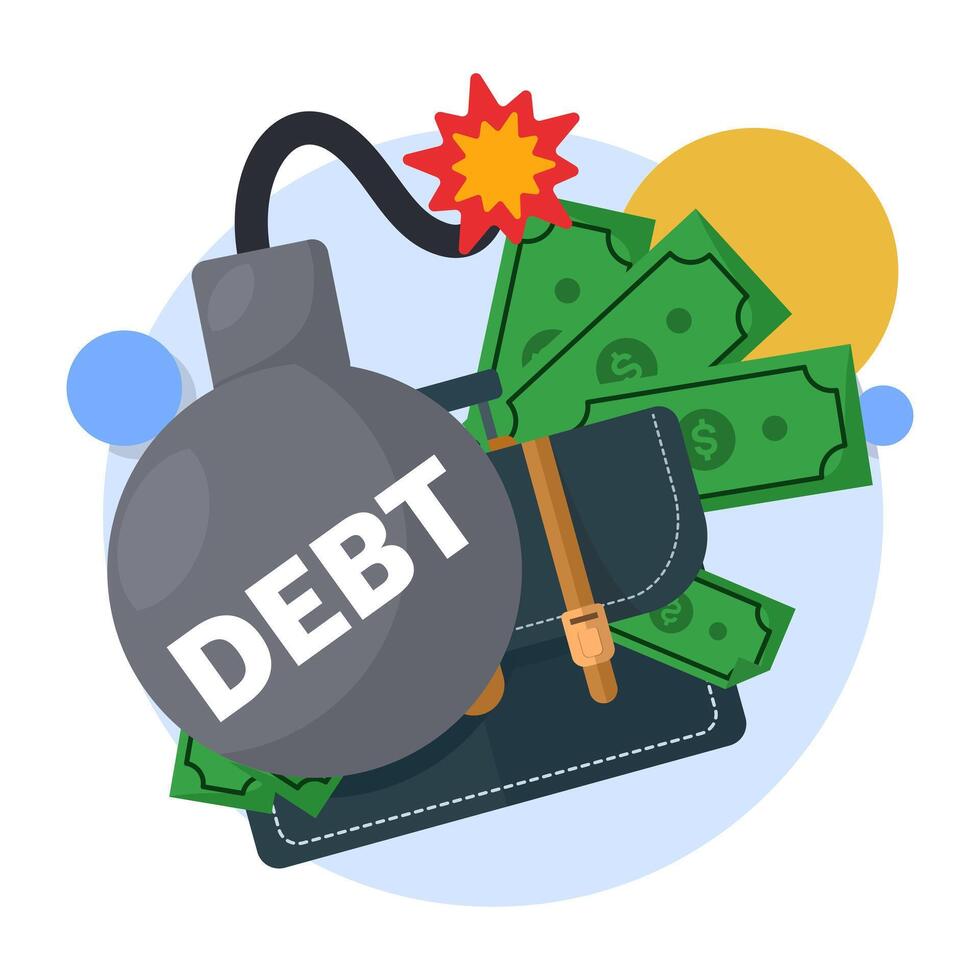 Debt concept. The exploding fireball of debt is like a financial time bomb. financial obligations or loan payments, heavy burden due to failure of money, mortgage or borrowed money. flat . vector