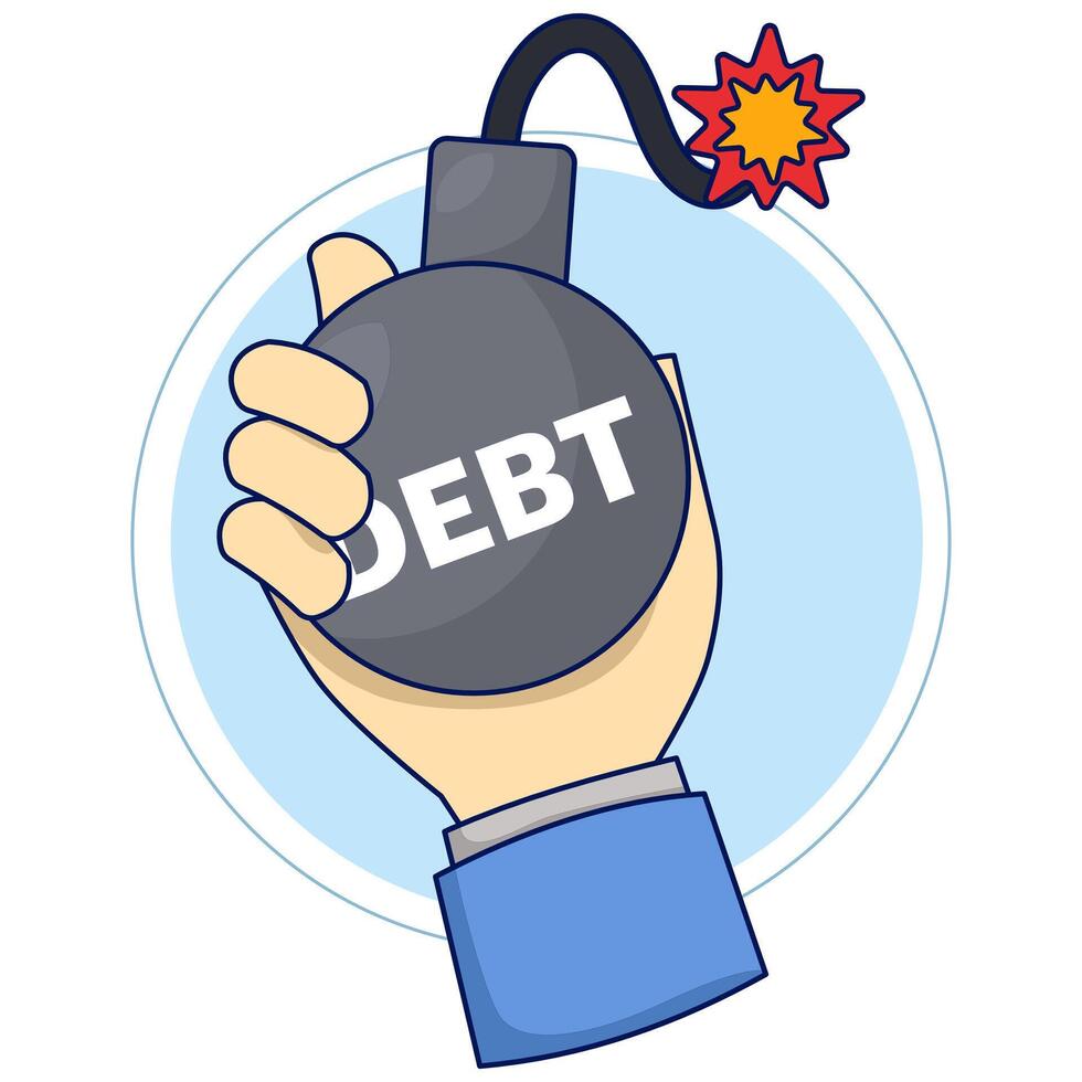 Debt concept. The exploding fireball of debt is like a financial time bomb. financial obligations or loan payments, heavy burden due to failure of money, mortgage or borrowed money. flat . vector