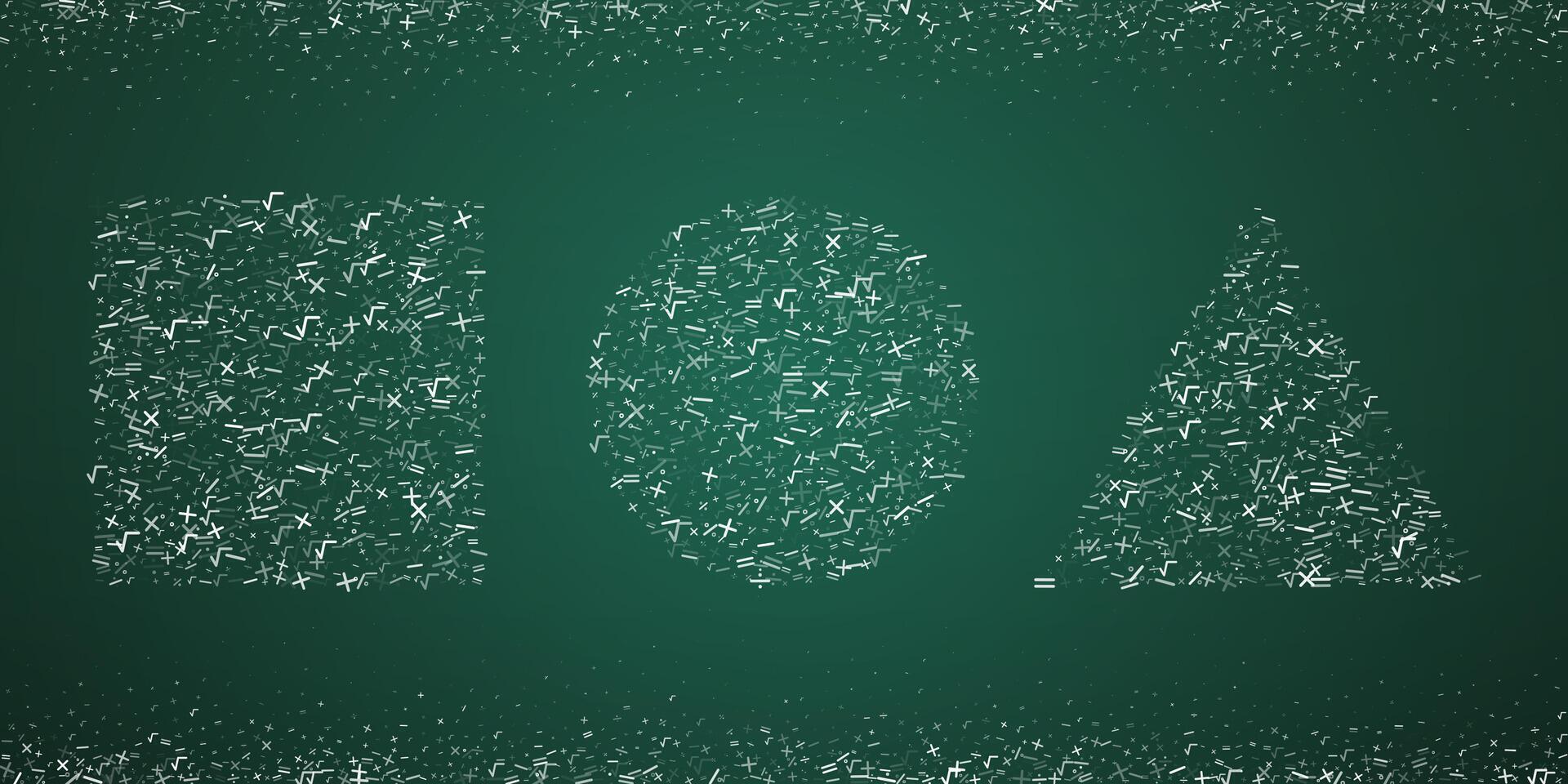 Square, circle and triangle shapes formed from a scattered arrangement of mathematical symbols. illustration of green chalkboard with math signs vector