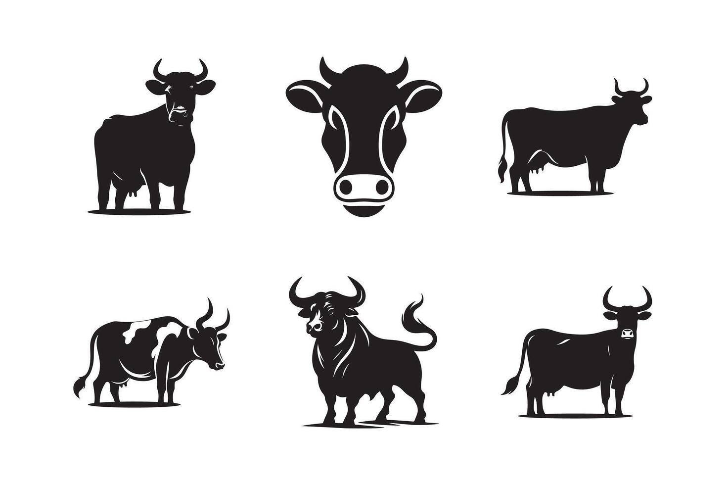 Farm animals, cow different poses. Silhouette cow farm logo bundle. Perfect for company logos, business and branding black vector