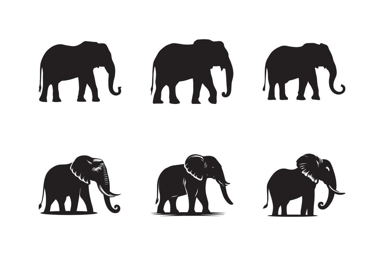 Set of elephant icon silhouettes. Elephant shadow hand drawn. Flat illustration white background. vector