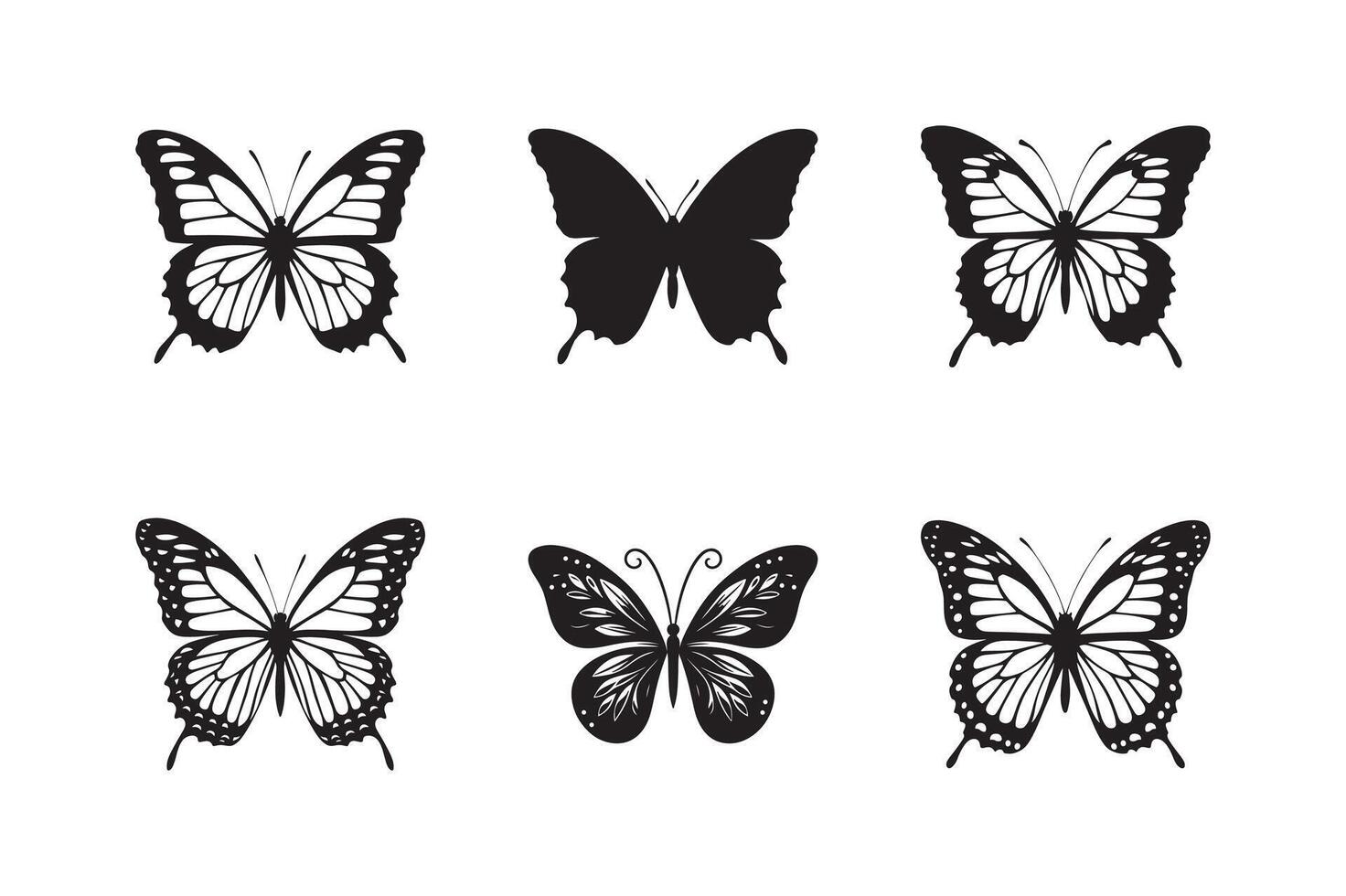 Black butterflies icon set collection. Silhouettes, isolated on white background. vector