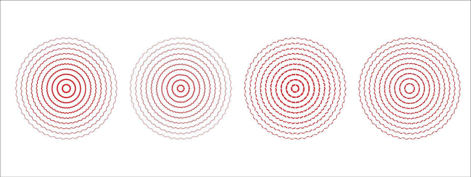 Set of red sound wave rings, of wavy lines, intermittent zigzag lines and dots . Rings with radial lines. Target icon, epicenter. Concentric vortex circles. illustration on transparent background vector