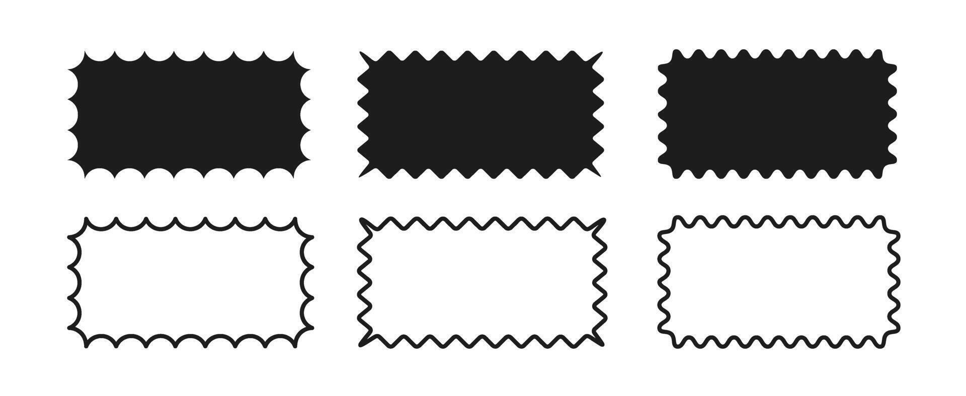 Set of rectangular frames with wavy edges. Rectangular linear shapes with zigzag borders. Collection of black elements for design, banner, poster, badge, label, tag, flyer. illustration. vector