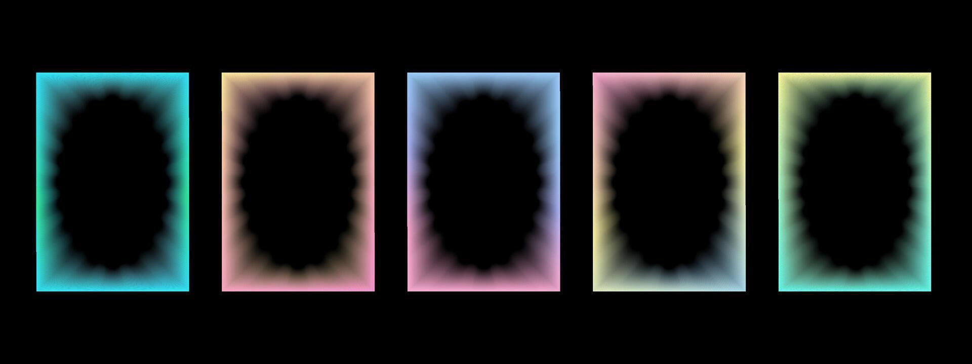Collection of rectangular gradient frames with wavy oval inner borders. Set of Retro frames with zigzag edges with blurring . illustration on black background vector