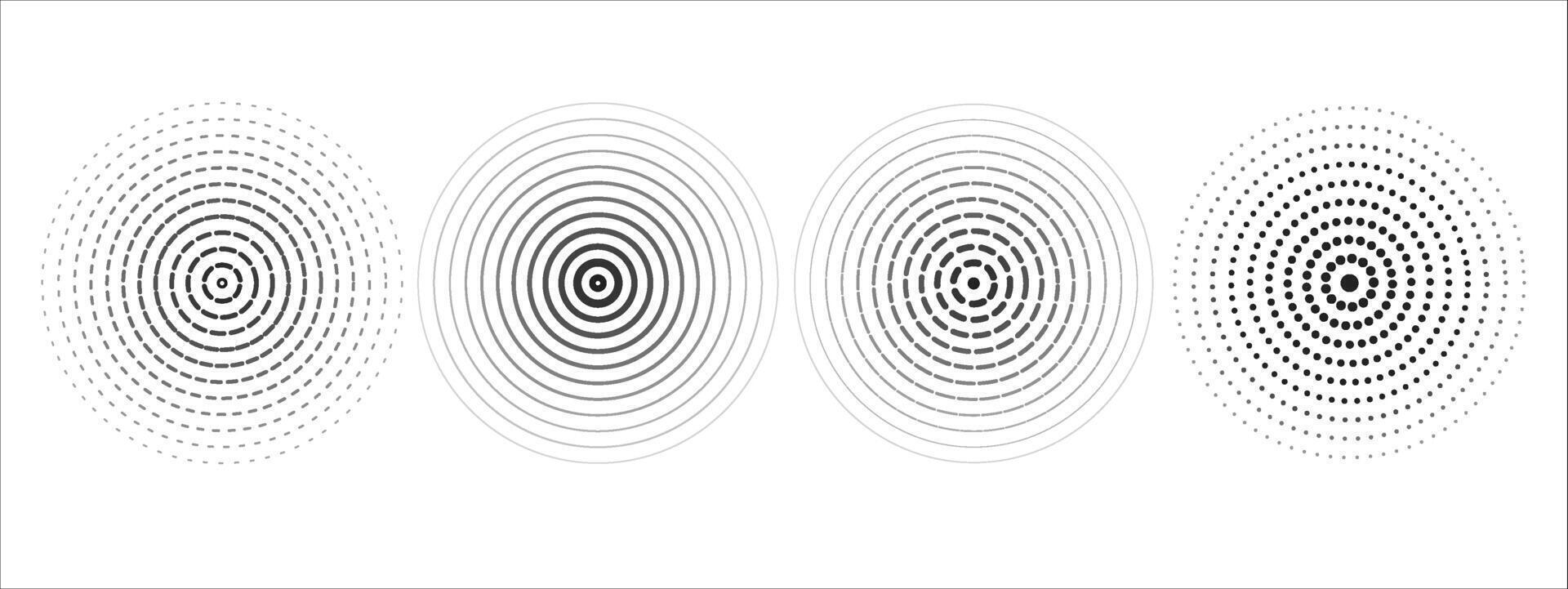 A set of black sound wave rings, of interrupted lines and dots . Rings with radial lines. Target icon, epicenter. Concentric vortex circles. illustration vector