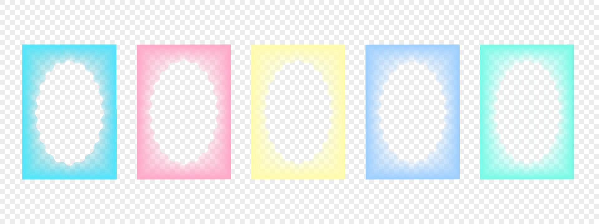 Collection of transparent rectangular gradient frames with wavy oval inner borders. Set of Retro frames with zigzag edges with blurring . Decorative design elements, for cards, photos, invitations. illustration vector