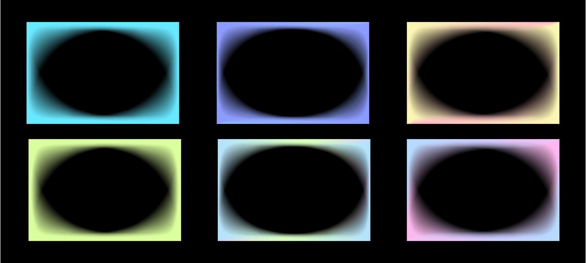 Collection of transparent rectangular gradient frames with oval inner borders. Set of retro frames with blur. illustration on black background vector