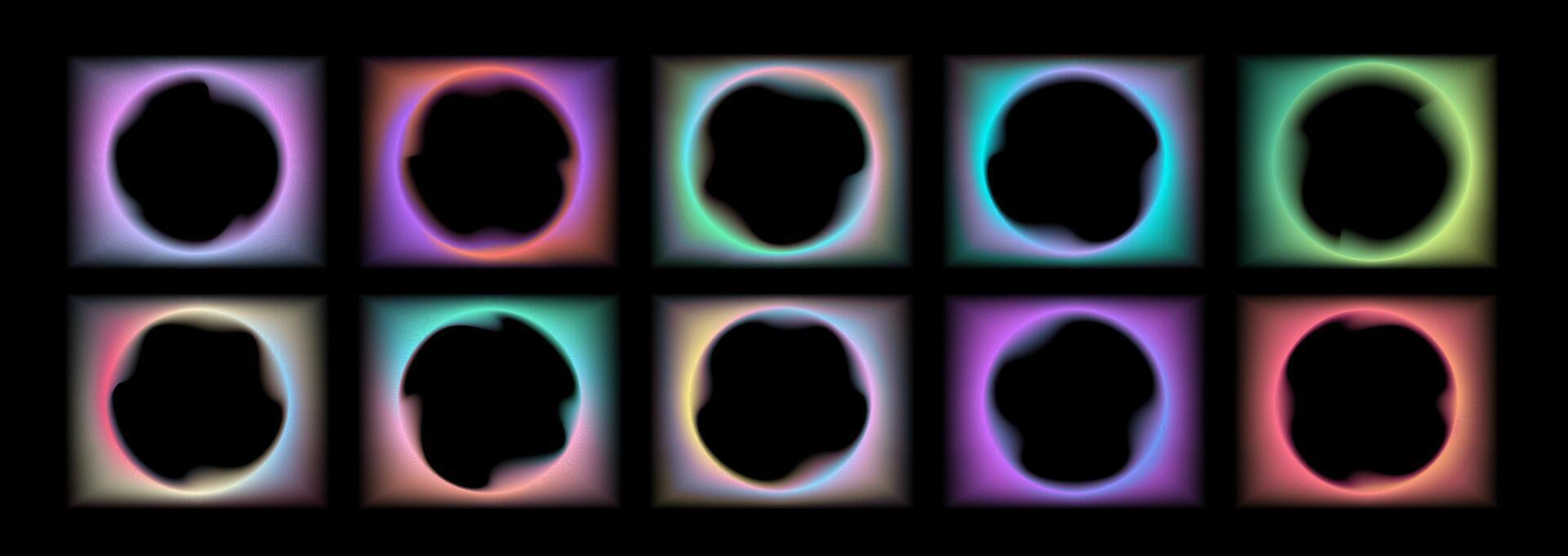 Collection of transparent rectangular gradient frames with wavy oval inner borders. Set of Retro frames with zigzag edges with blurring . illustration on black background vector