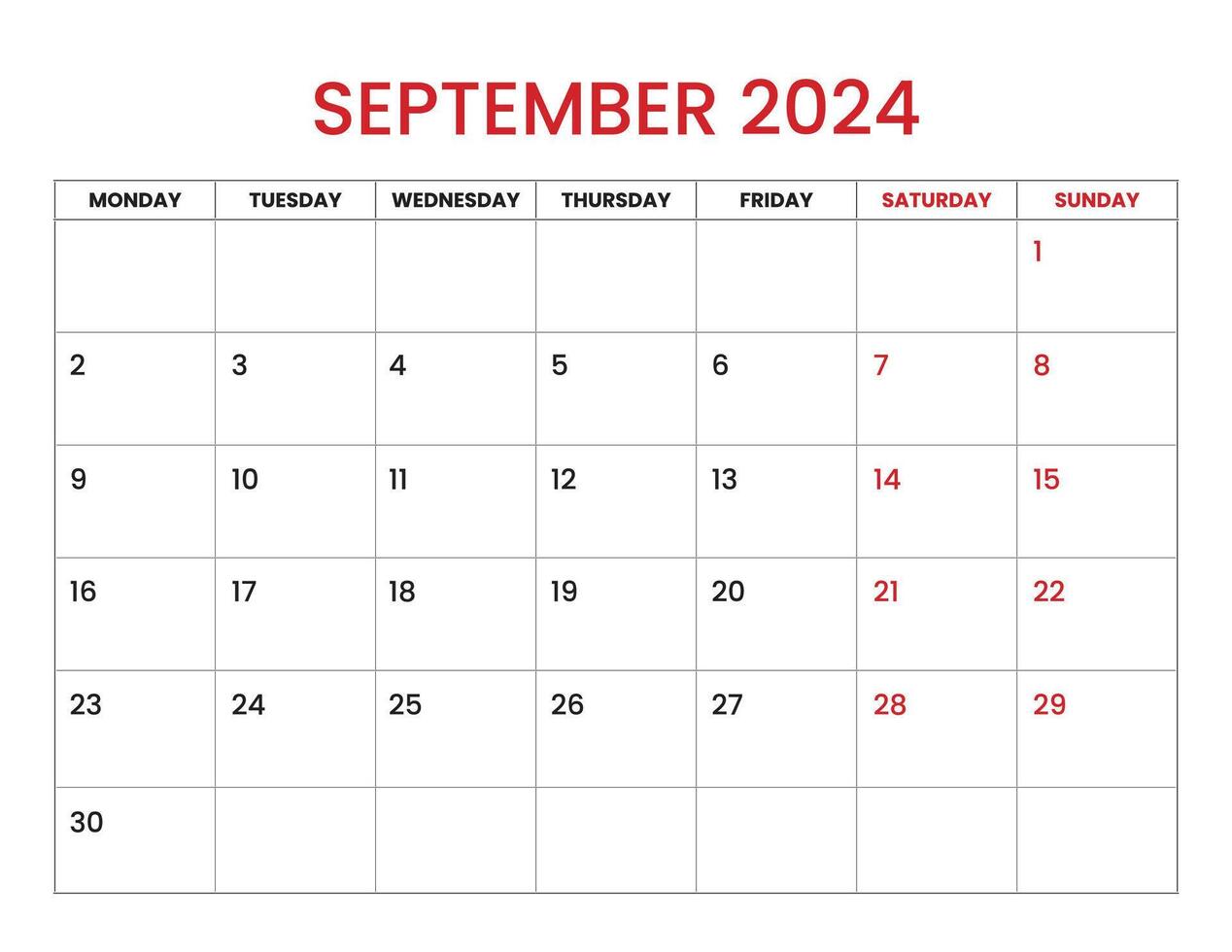 September Calendar 2024, monday start, simple design vector
